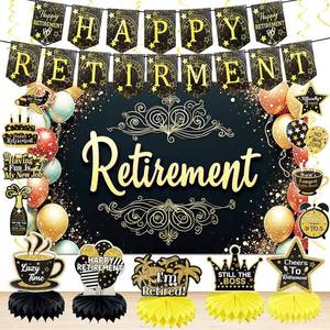 lot 78005 image: 23PCS Happy Retirement Party Decorations Kit for Men Women,Black Gold Retirement Balloon Banner Honeycomb Centerpiece Swirl Paper Pompom,Party Supplies Coworker Goodbye Party Supplies