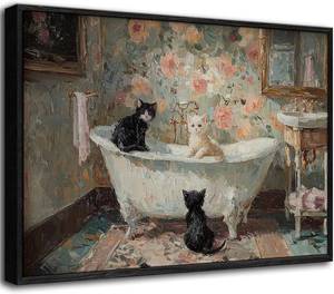 lot 78014 image: Framed Cat Bathroom Wall Art, Vintage Floral Bathtub Canvas Print 8x10in