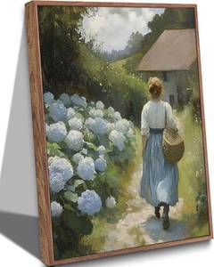 lot 78030 image: Framed Vintage Cottage Garden Wall Art, Woman and Blue Hydrangeas 8x10in