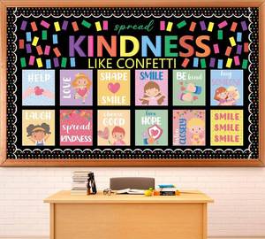 lot 78043 image: LOT OF THREE - Kindness Bulletin Board Set Motivational Classroom Decoration Kindness Like Confetti Inspirational Bulletin Board Inspirational Posters Cutouts for Back to School Office Home Chalkboard Wall Decor