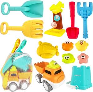 lot 78061 image: IOKUKI Sand Toys with Mesh Bag Including Dump Truck, Sand Water Wheel, Beach Buckets, Shovels, Rakes, Molds, Outdoor Beach Toys Tool Kit for Kids, Toddlers, Boys and Girls (13 PCS) Age 3
