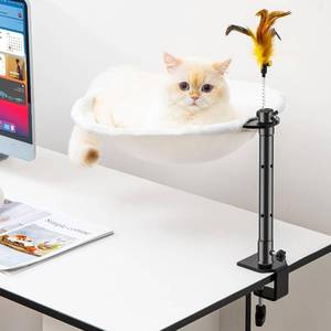 lot 78089 image: Uross Cat Desk Bed - Adjustable Height & 360 Rotation Cat Desk Perch Mount for Office and Game Tables, Attachment Desktop Bed with 2 Washable Covers, Soft Rabbit Fur& Breathable Mesh -Beige
