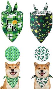 lot 78091 image: 2 Pcs St. Patricks Day Dog Bandana Lucky Green Shamrock Irish Pet Scarf Adjustable Fit Saint Patrick Bandanas for Puppy Outfit Costumes (Green, Small)