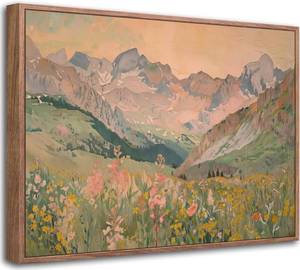 lot 78096 image: Framed Boho Mountain Canvas Wall Art, Vintage Wildflower Landscape 8x10in
