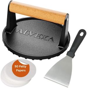 lot 78200 image: Alvexa  Cast Iron Smash Burger Press Kit, 6.85 Heavy-Duty Burger Smasher with Wood Handle, 2 lb Grill Bacon & Meat Press, 304 Stainless Steel Spatula & 50 Patty Papers, Round Grooved