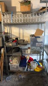 lot 5026 image: Metal Wire Shelving Unit 4-Tier with misc kitchen supplies  - Retail $0
