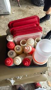 lot 5091 image: Food Storage Container Lot Red Lids Clear Plastic Bins Multiple Sizes - Retail $0