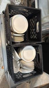 lot 5112 image: Lot of Disposable Paper Plates and Bowls in Black Storage Crates - Retail $0