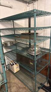 lot 5158 image: Metro-Style 6-Tier Wire Shelving Unit Teal Green with contents  - Retail $0