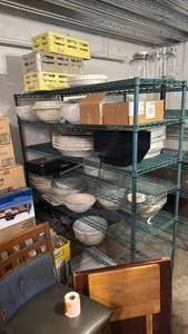 lot 5159 image: Metro-Style 4-Tier Wire Shelving Unit Green 48 x 18 x 72 with contents  - Retail $0