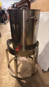 lot 5213 image: Large Stock Pot with Lid on Propane Burner Stand with Hose and Valve - Retail $0