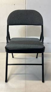 lot 8023 image: Black Metal Folding Chair with Charcoal Colored Padded Seat and Backrest