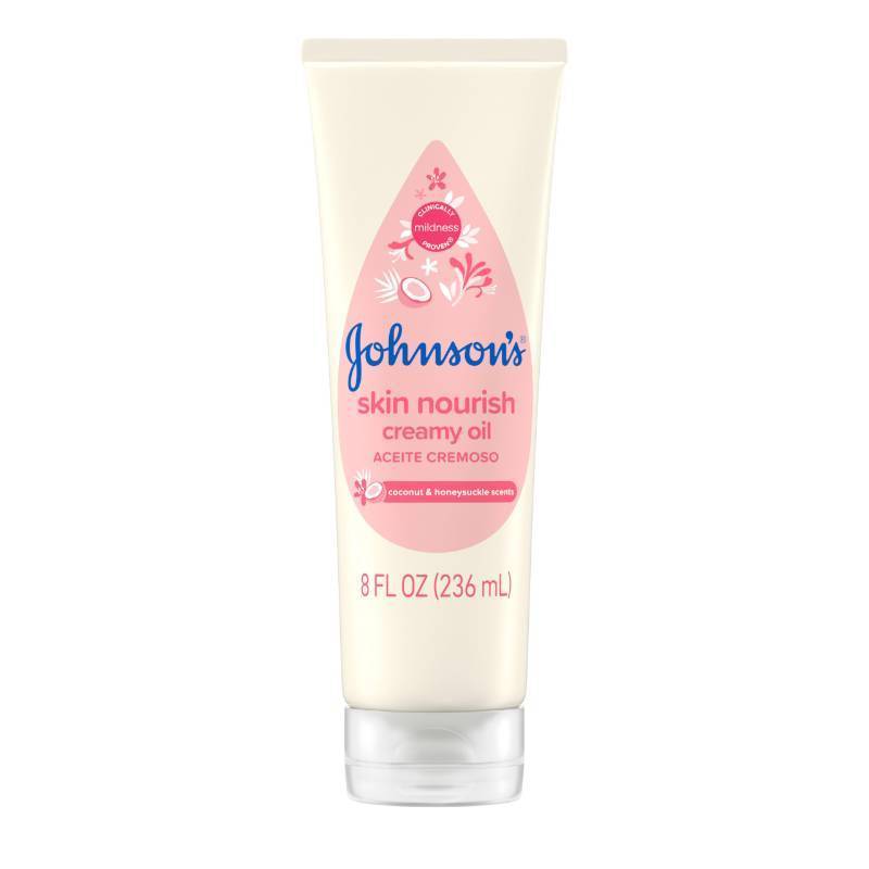 lot 102 image: Johnsons Skin Nourish Creamy Baby Oil for Dry Skin with Coconut & Honeysuckle Scent, Rich & Creamy Baby Body Oil Moisturizes for 24 Hours & Helps Prevent Dryness, Hypoallergenic, 8 fl. oz Retail $13