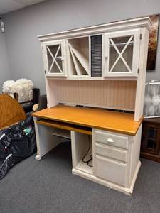 lot 909 image: White washed desk 30 x 58 x 25 in with hutch top 42 in tall (bottom drawers needs new slide rails and drawer pulls)