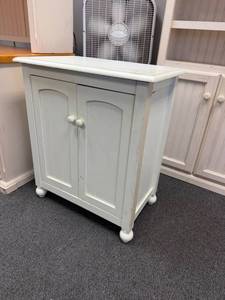 lot 910 image: White washed cabinet 30 x 26 x 16 in (needs pieces glued into peg holes)