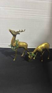 lot 1008 image: Pair of Brass Decorative Deer Figurines with Greenery Accents tallest is 8 inches