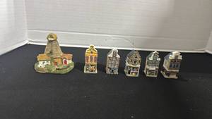 lot 1012 image: hand-painted miniature DutchAmsterdam canal houses and a rustic windmill figurine 3 inches tall