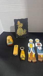 lot 1031 image: Wooden hand painted clog, brush, bottle opener and wall decor