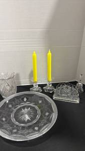 lot 1057 image: Glass Tableware Lot with Candle Holders, Plate, Vase, Bell and napkin holder