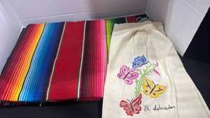 lot 1079 image: Colorful Striped Woven Blanket 82x30 with Embroidered apron