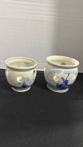 lot 1082 image: Delft Blue Handpainted Ceramic Vessels Pair Made in Holland some chips on it