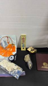 lot 1114 image: Mixed Lot Taylor Thermometer, University of Kansas Folder, Coasters, LED Light, Shells, Beads & More
