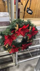 lot 1345 image: Holiday Wreath with Red Poinsettias Gold Berries and Green Pine