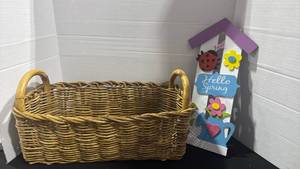 lot 1352 image: Woven Basket with Handles and Hello Spring Decorative sign
