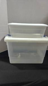 lot 1401 image: Clear Plastic Storage Containers with Lids biggest one is 10x13x19