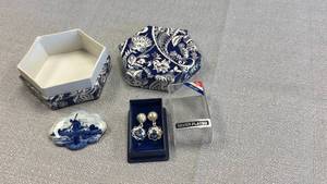 lot 1805 image: Delft pin and silver-plated earrings