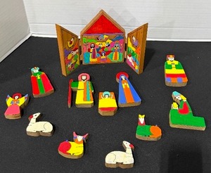 Wooden hand painted nativity scene made in El Salvador some paint is chipped