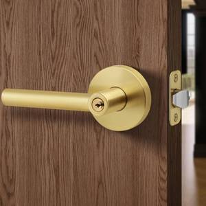 lot 61480 image: LOQRON Gold Door Handles with Lock and Key (Keyed Differently), Brushed Gold Round Reversible Door Handle, Heavy-Duty InteriorExterior Gold Door Lever for Bedroom and Bathroom, Satin Brass, 1 Pack