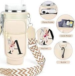 lot 61445 image: Cream neoprene water bottle sling bag with an attached zippered front pocket Q Monogram