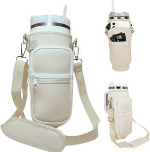 lot 61446 image: Cream neoprene water bottle sling bag with an attached zippered front pocket