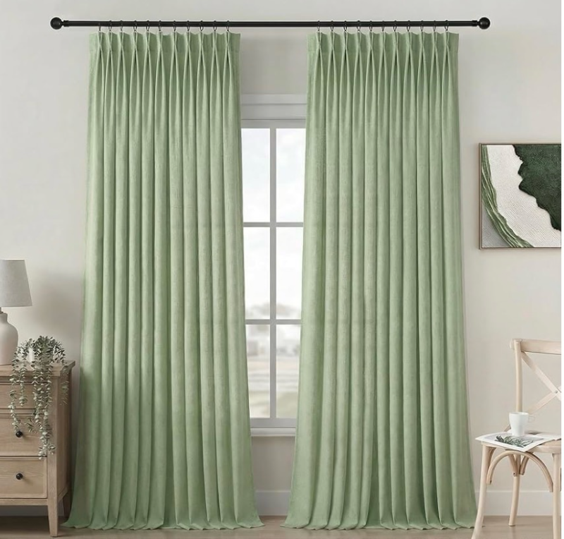 lot 5404 image: PANGSINNE Sage Green Linen Pinch Pleated Curtains - 84 Inches Long Thick Linen Textured Light Filtering Curtain for Living Room Back Tab Elegant Luxury Drapes