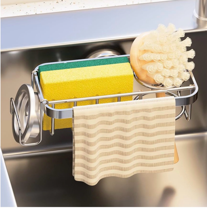 lot 5764 image: TAILI 4-in-1 Sponge Holder for Kitchen Sink with Strong Suction Cup Removable, Rustproof Aluminum Sink Caddy for Sponge, Brush, Scrubber, Scraper -Silver