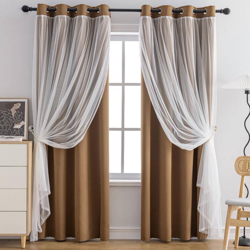 lot 6088 image: Anytime Home Curtains Blackout and Sheer Layered Solid Window Curtain Panel Pair with Grommet Top, 52Wx72L,Coffee - Retail $28