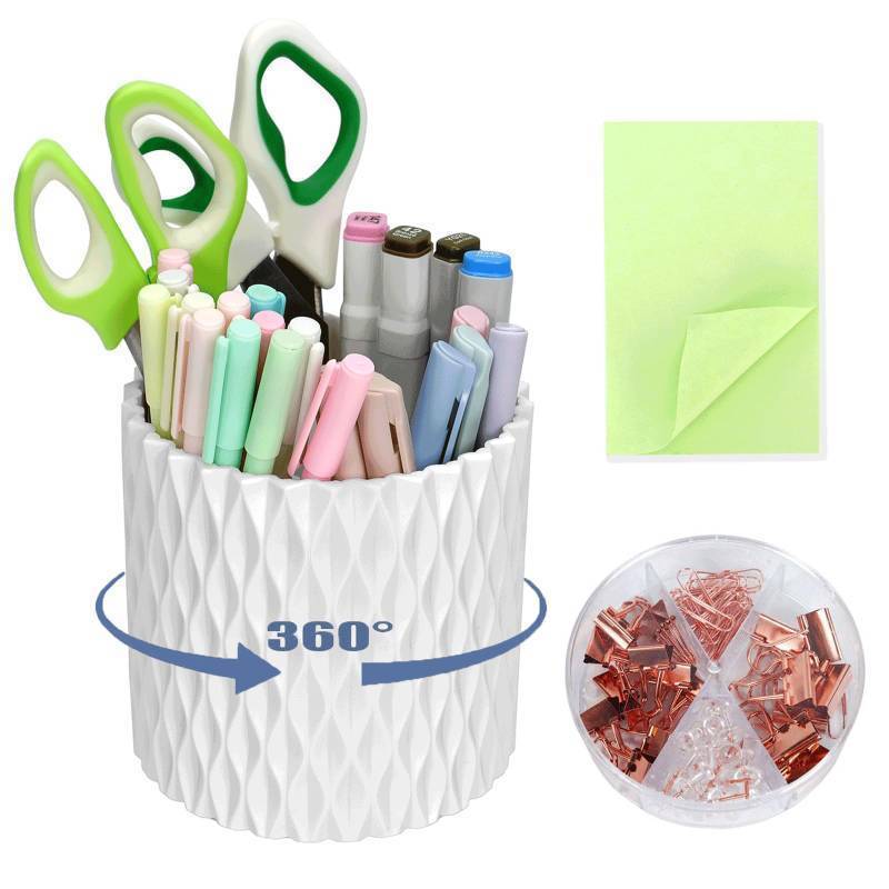 lot 6131 image: Gawsey 3pcs 360° Rotating Desk Organizers and Accessories with Pen Holder Sticky Note and Clips Set, Desktop Storage Stationery Supplies Organizer, Cute Pencil Cup
