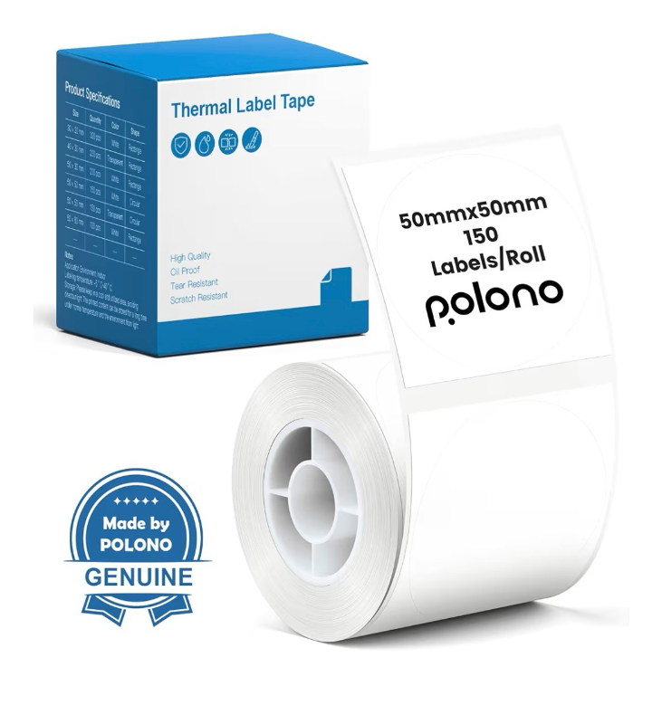 lot 6253 image: Polono Round Thermal Labels 50x50mm White Gap Labels 150 Pack