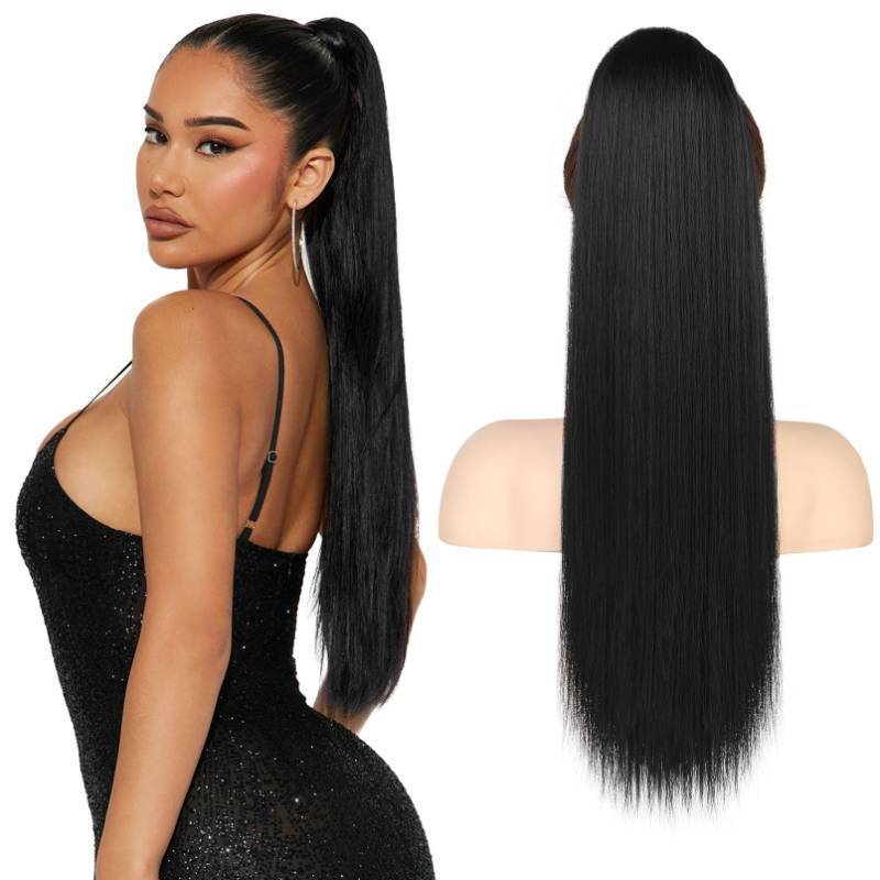 lot 6314 image: Flufymooz ponytail extension, 22 Inch Long Straight Drawstring Ponytail Hairpieces Fake Pony Tails Natural Soft Clip in Hair Extension ponytail for Women (Jet Black)