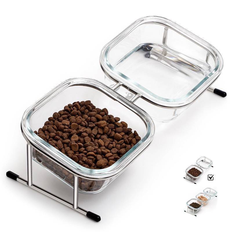lot 6358 image: Hannadepot Elevated Cat Bowls, 15° Tilted Glass Raised Cat Food Bowl with Stainless Steel Stand, 1 Large Capacity Glass Cat Bowls and 4 Anti Slip Feet, Suitable for Cats and Little Dogs (Missing 1 Bowl)