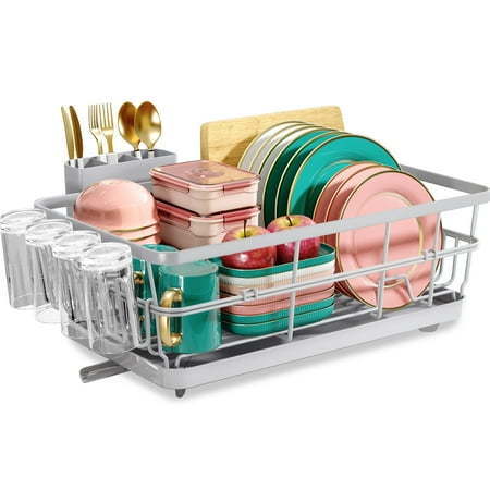 lot 7234 image: BEHERZT Large Stainless Steel Dish Drying Racks with Drainboard Countertop Dish Drainer Rack Kitchen Sink Dish Rack Gray - Retail $35