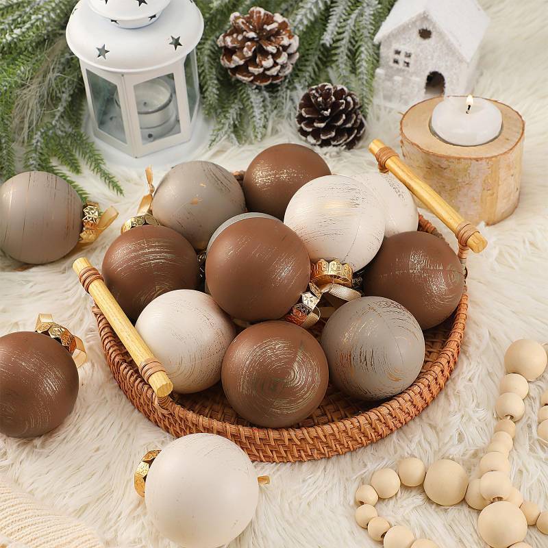 lot 7406 image: Yunlly 12 Pcs Textured Christmas Ball Ornaments 2.36 Neutral Christmas Tree Decor Modern Vintage Brown Hanging Decor Shatterproof Home Ornaments for Rustic Large Farmhouse (Classic Brown)