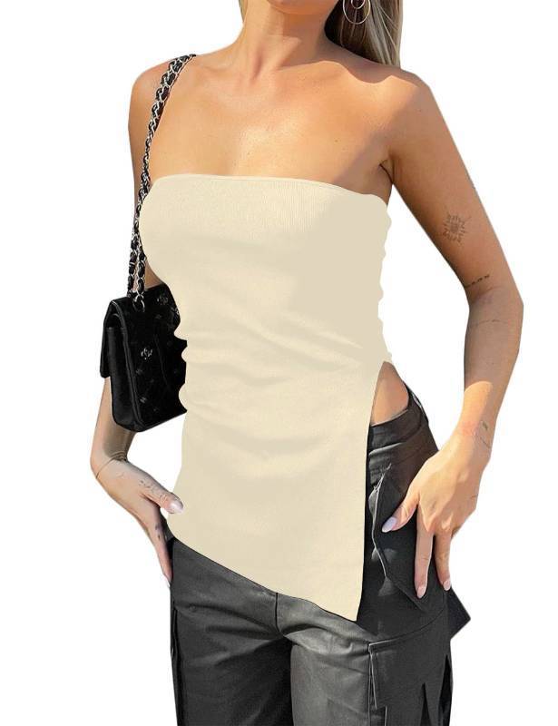 lot 7539 image: Eutten Women Strapless Bandeau Tube Top Asymmetrical Side Slit Hem Long Knit Tube Top Backless Y2K Sexy Slim Going Out Tank Tops Apricot - Small