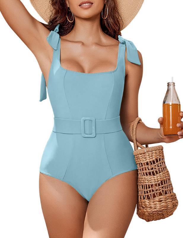 lot 7466 image: AIMAGE Womens One Piece Swimsuit Belted 2024 Tummy Control Bathing Suits Square Neck Tie Shoulder Swim Suits Black S