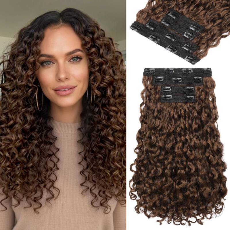 lot 7474 image: REECHO Curly Hair Extensions - 4PCS 18 GoGo Curly Clip in Hair Extensions 100% Super Protein Hairpieces with Invisible Lace Weft Silky Soft Natural Look for Women - Golden Brown - Retail $26