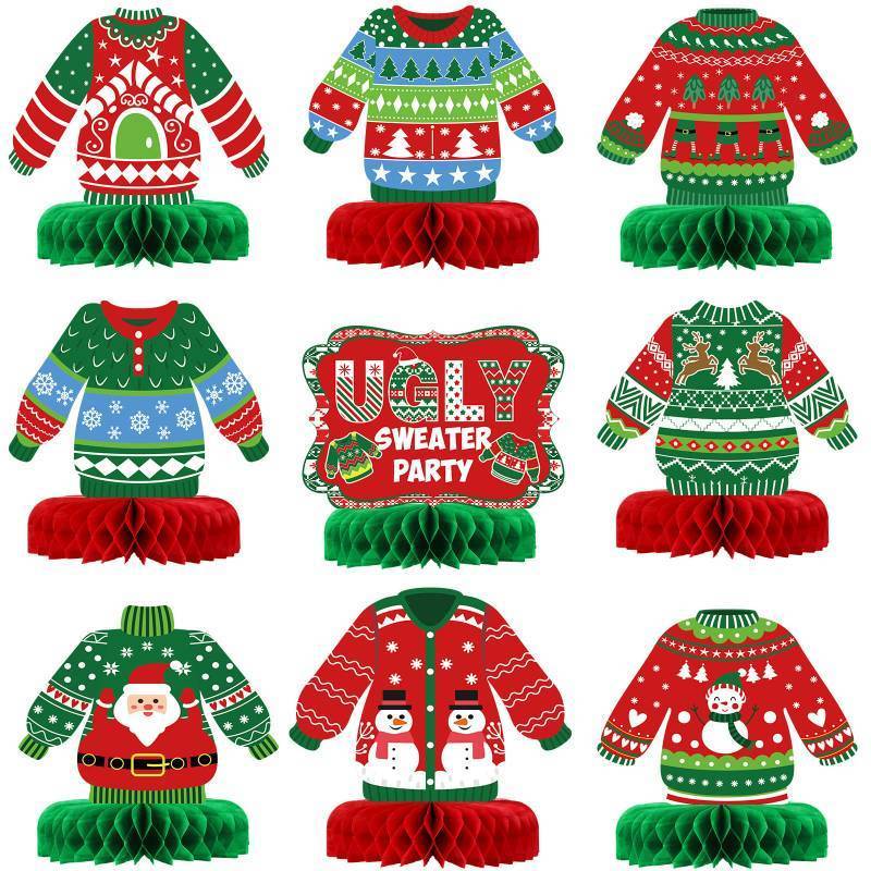 lot 7471 image: 9 Pieces Christmas Ugly Sweater Party Decorations Ugly Sweater Party 3D Tables Topper Xmas Table Honeycomb Centerpieces Ugly Sweater Christmas Ugly Cutouts Centerpieces for Winter Holiday Supplies