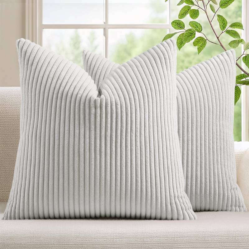 lot 7489 image: Mecatny Corduroy Decorative Throw Pillow Covers 18x18 Set of 2 Grey