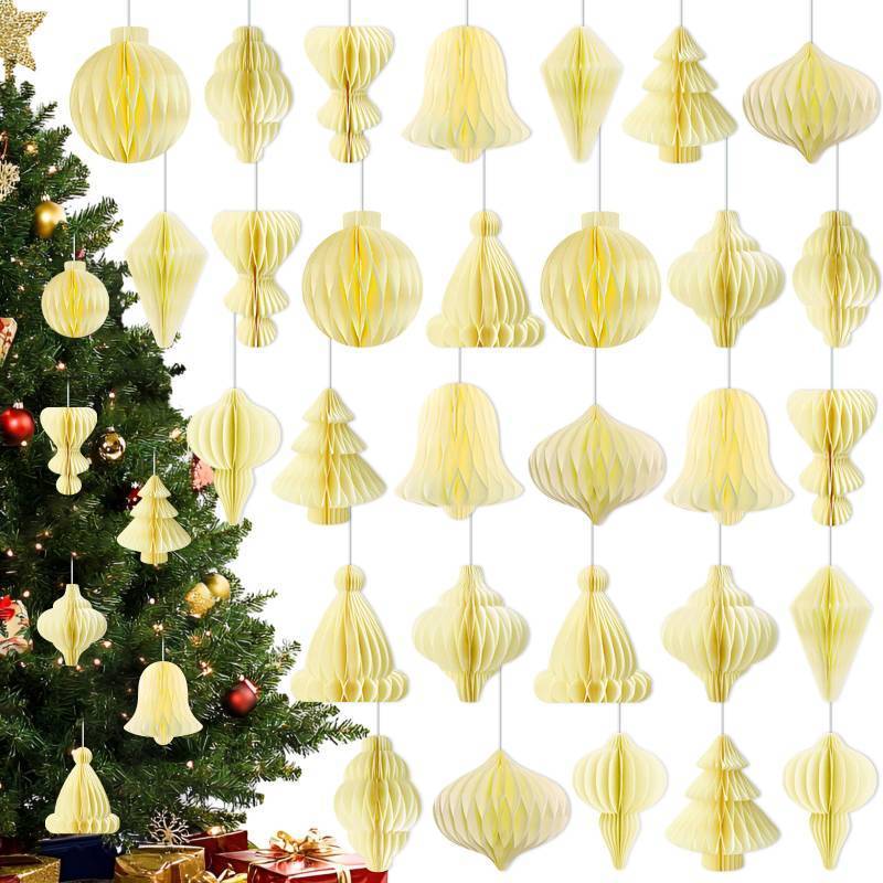 lot 7541 image: 30pcs Christmas Paper Honeycomb Ornaments for Tree - Vintage 3D Hanging Decor Set, Cream Xmas Party Decorations