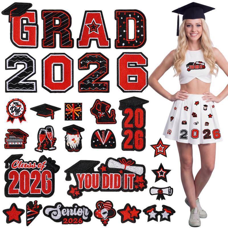 lot 7555 image: Tigeen 64 Pcs Graduation Iron on Patches Class of 2026 Embroidered Patches Grad Senior Letter Heat Transfer Sew on Applique Decals for Lei, Stole, Caps, Clothes, Jacket, Jeans(Red and Black)